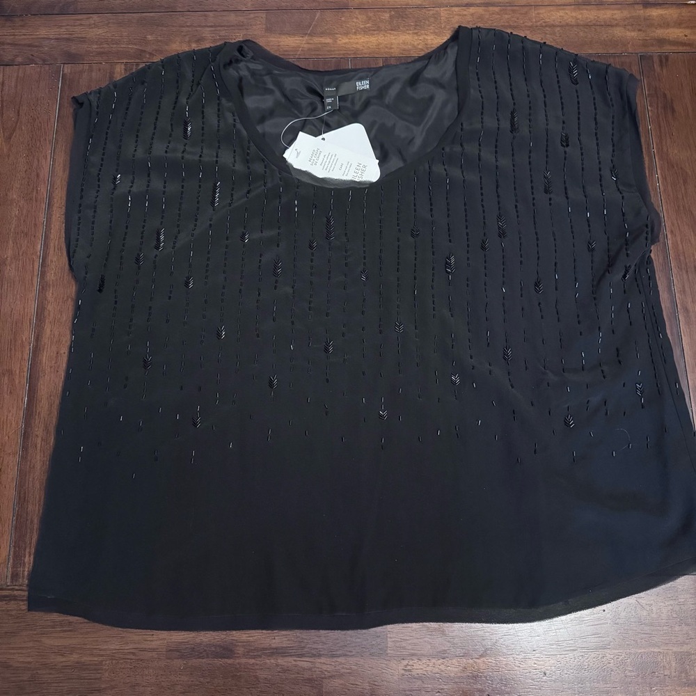 🛑SOLD🛑NWT Eileen Fisher Black Hand-Beaded 100% Silk Blouse Top Tunic